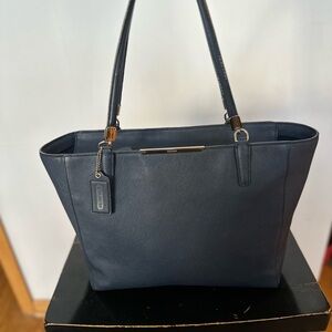Coach Blue Structured Leather Tote with Metallic Accent